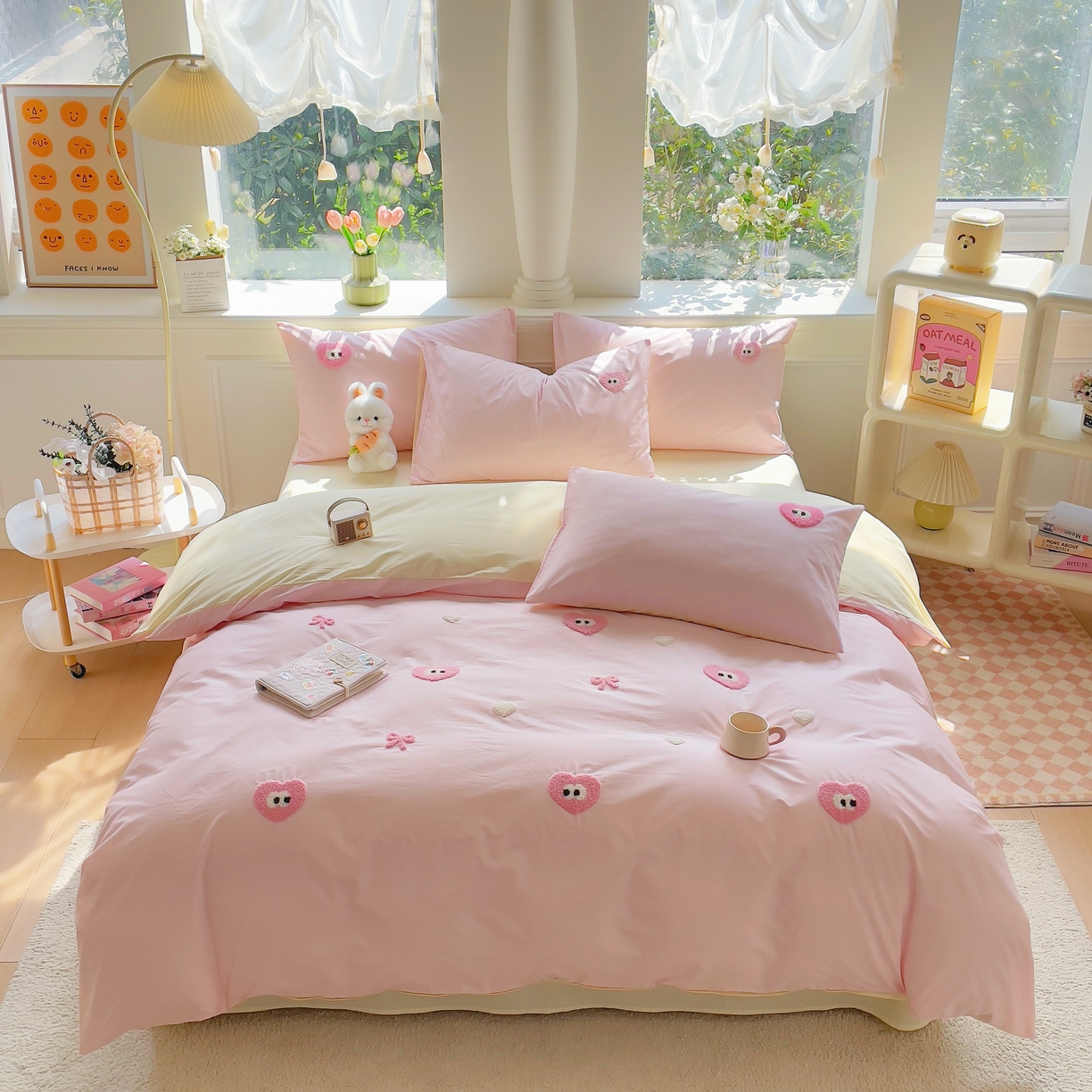 91家纺网 家纺一手货源 找家纺 锦觅家纺  2025新款奶油小清新毛巾绣全棉纯棉四件套-风格一（专版散花必须控价） 大眼爱心