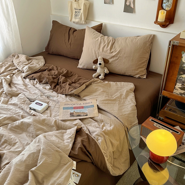 91家纺网 家纺一手货源 找家纺 耀达家居 2025新款水洗棉双拼夏被四件套 奶茶➕咖啡