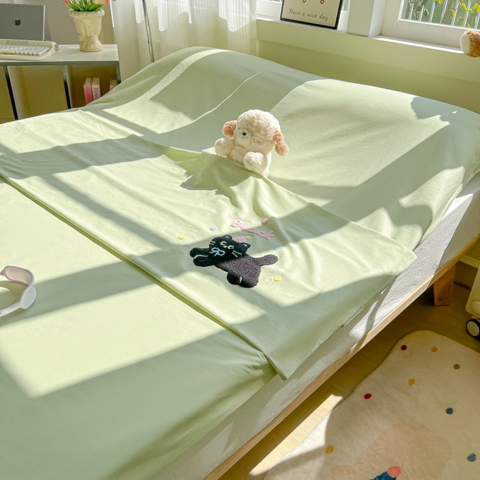 91家纺网 家纺一手货源 找家纺 柒星睡袋 2025新款款40支全棉纯色毛巾绣可拆分隔脏睡袋 黑猫 绿