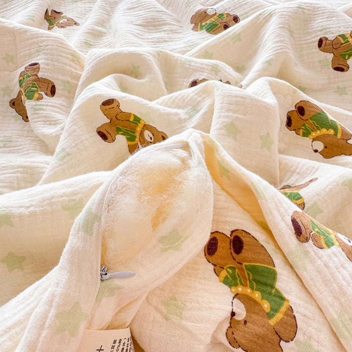 91家纺网 家纺一手货源 找家纺 薇玛仕 2025新款A类全棉双层皱皱纱印花款大豆夏凉被空调被儿童被被子被芯 调皮小熊