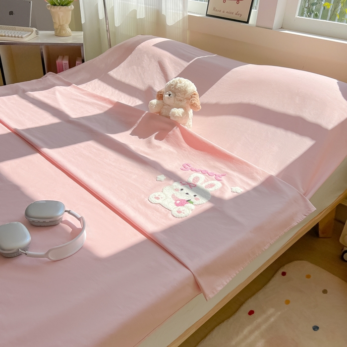 91家纺网 家纺一手货源 找家纺 柒星睡袋 2025新款款40支全棉纯色毛巾绣可拆分隔脏睡袋 小白兔 粉