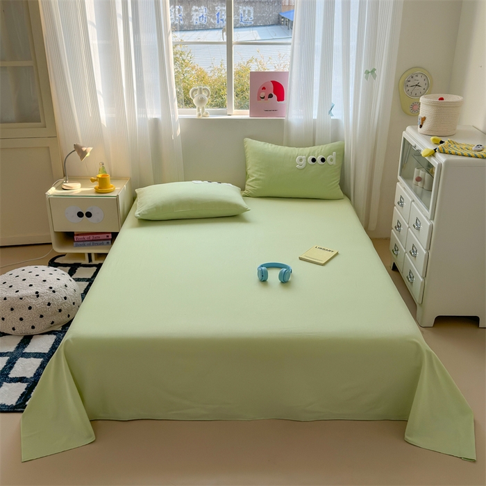 91家纺网 家纺一手货源 找家纺 丽涵家纺 2025新款全棉大雁纹单品床单床单三件套 good豆绿色