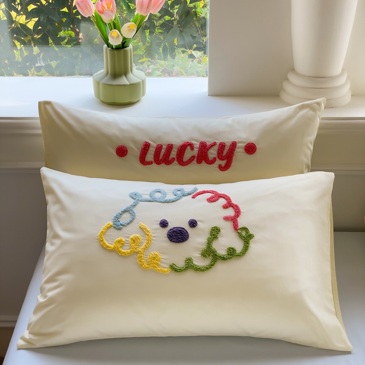 91家纺网 家纺一手货源 找家纺 锦觅家纺  2025新款奶油小清新毛巾绣全棉纯棉四件套-风格一（专版散花必须控价） 彩虹波点