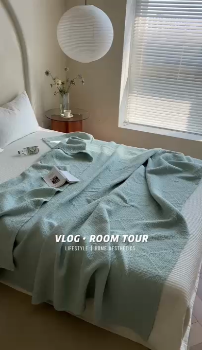 91家纺网 家纺一手货源 找家纺 雯雨家纺2025新款A类全棉加厚六层纱提花纯色盖毯 六层纱-浅绿