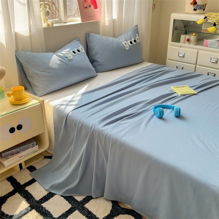 91家纺网 家纺一手货源 找家纺 丽涵家纺 2025新款全棉大雁纹单品床单床单三件套 good月光蓝