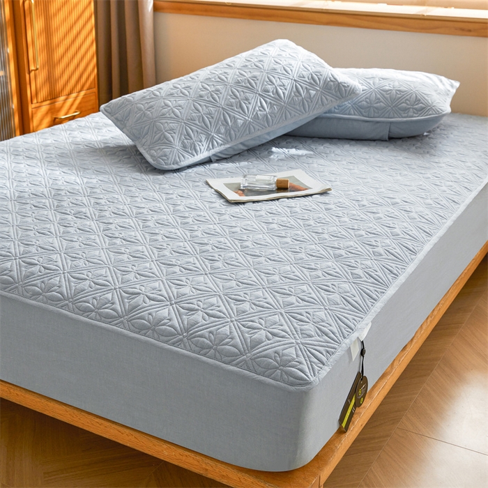 91家纺网 家纺一手货源 找家纺 3C 2025全棉蚕丝蛋白夹棉床笠 天星花-天空蓝