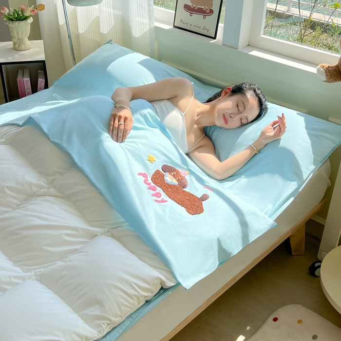 91家纺网 家纺一手货源 找家纺 柒星睡袋 2025新款款40支全棉纯色毛巾绣可拆分隔脏睡袋 帕皮狗 蓝