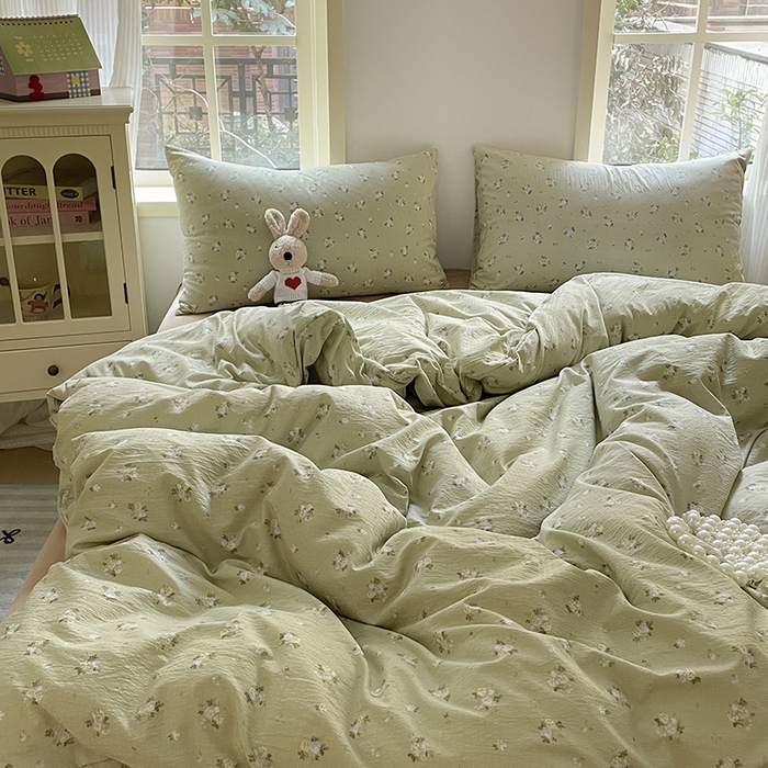 91家纺网 家纺一手货源 找家纺 初念 2025新款云感针织双层纱三件套-四件套【提供买家秀】 落日暮年-绿