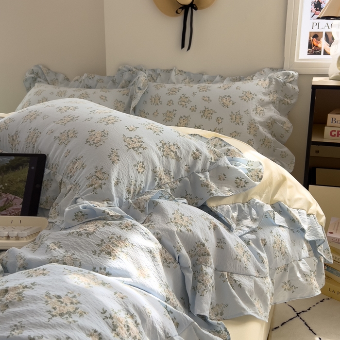 91家纺网 家纺一手货源 找家纺 希丞家居 2025新款云感提花双层纱花边四件套 小香芝士