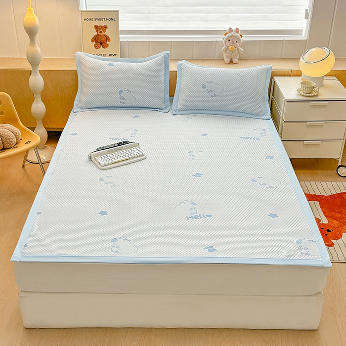 91家纺网 家纺一手货源 找家纺 绣女坊 2025新款冰豆豆提花凉席三件套 卡皮巴拉-蓝