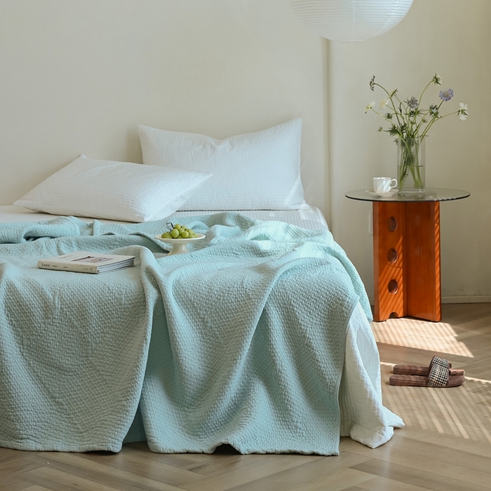 91家纺网 家纺一手货源 找家纺 雯雨家纺2025新款A类全棉加厚六层纱提花纯色盖毯 六层纱-浅绿