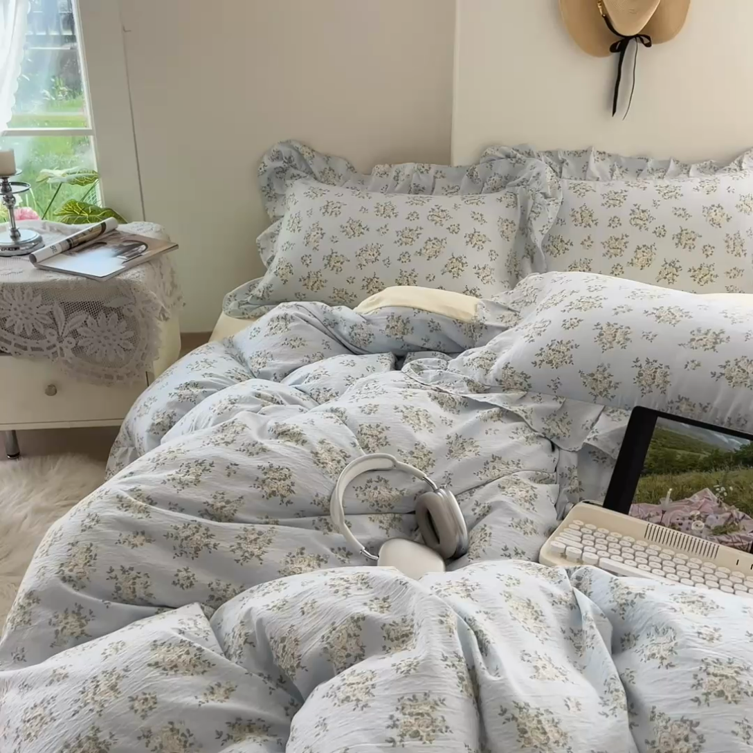 91家纺网 家纺一手货源 找家纺 希丞家居 2025新款云感提花双层纱花边四件套 小香芝士