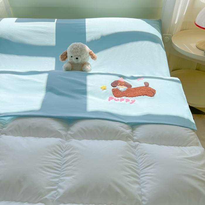 91家纺网 家纺一手货源 找家纺 柒星睡袋 2025新款款40支全棉纯色毛巾绣可拆分隔脏睡袋 帕皮狗 蓝