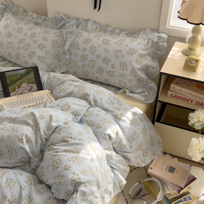 91家纺网 家纺一手货源 找家纺 希丞家居 2025新款云感提花双层纱花边四件套 小香芝士