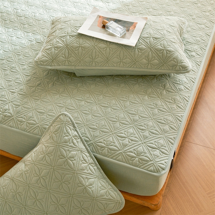 91家纺网 家纺一手货源 找家纺 3C 2025全棉蚕丝蛋白夹棉床笠 天星花-抹茶绿