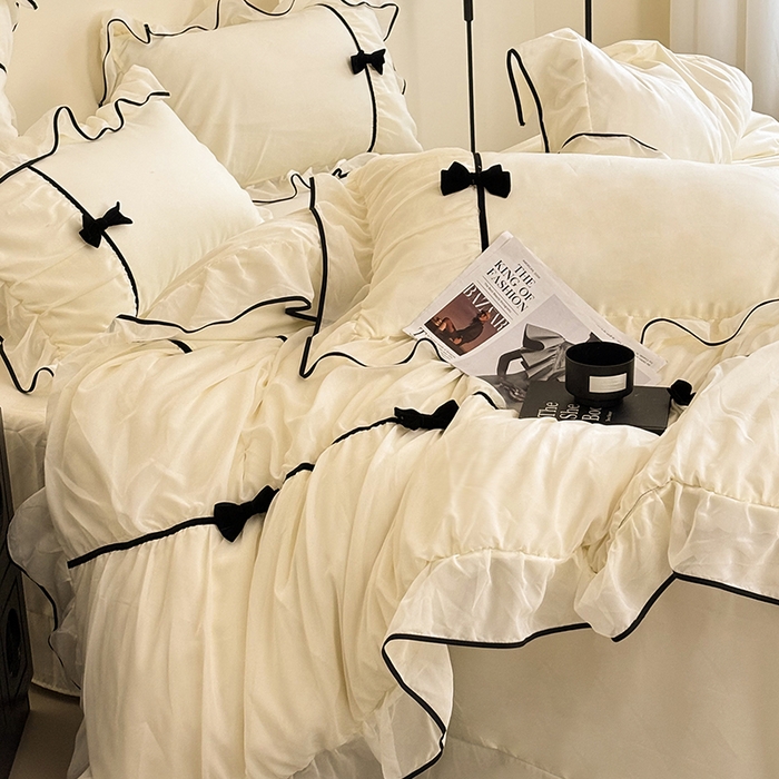 91家纺网 家纺一手货源 找家纺 梧桐家居 2025新款法式高定蝴蝶结赛琳娜雪纺花边四件套 赛琳娜-黄