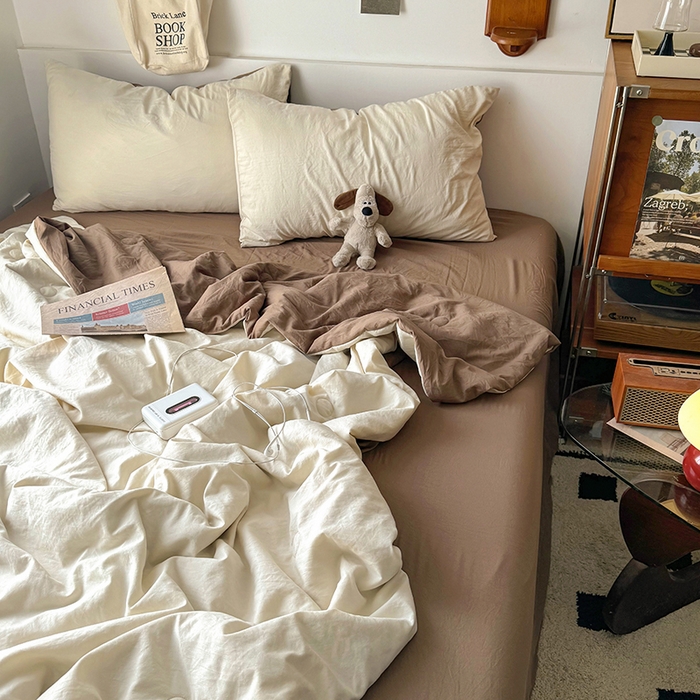 91家纺网 家纺一手货源 找家纺 耀达家居 2025新款水洗棉双拼夏被四件套 燕麦➕可可