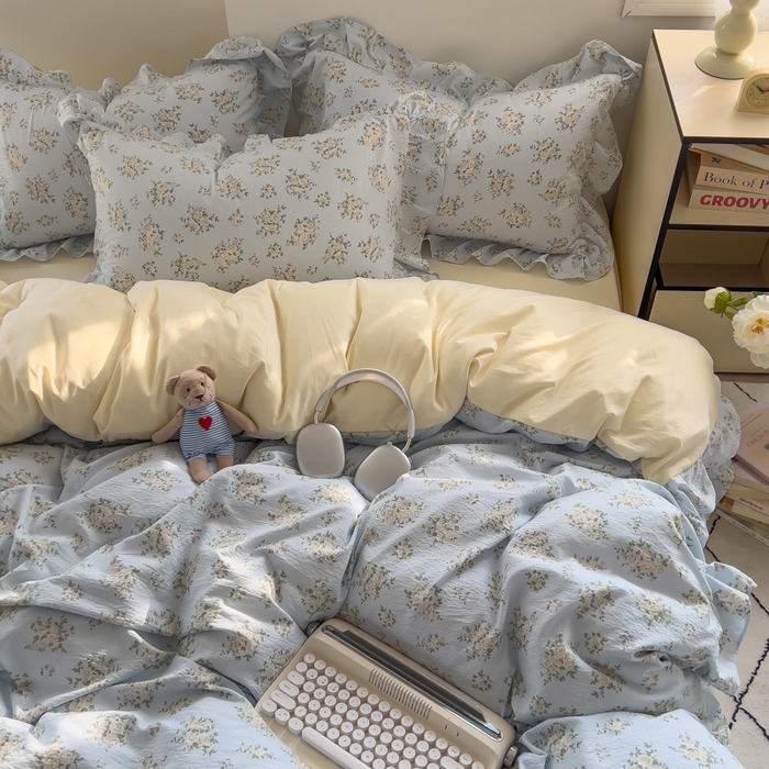 91家纺网 家纺一手货源 找家纺 希丞家居 2025新款云感提花双层纱花边四件套 小香芝士