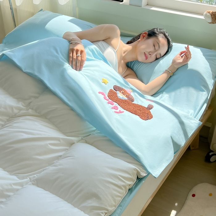 91家纺网 家纺一手货源 找家纺 柒星睡袋 2025新款款40支全棉纯色毛巾绣可拆分隔脏睡袋 帕皮狗 蓝