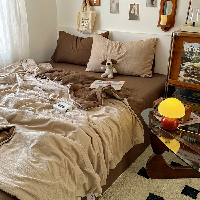 91家纺网 家纺一手货源 找家纺 耀达家居 2025新款水洗棉双拼夏被四件套 奶茶➕咖啡