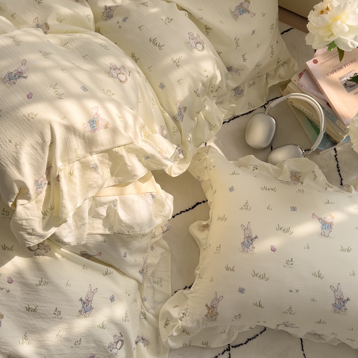 91家纺网 家纺一手货源 找家纺 希丞家居 2025新款云感提花双层纱花边四件套 音乐派对