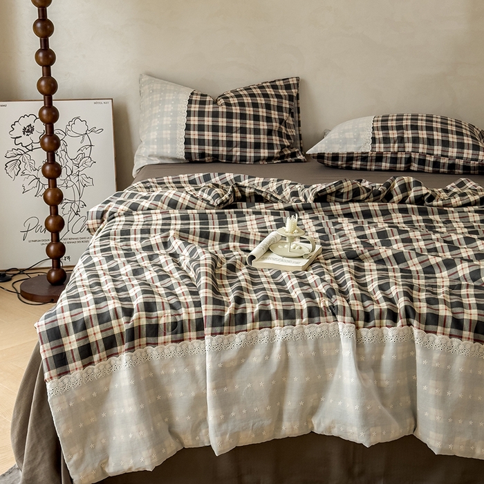 91家纺网 家纺一手货源 找家纺 曼町家居 2025春夏新款全棉纯棉双层纱法式镂空立体大花边夏被夏凉被空调被四件套 繁花