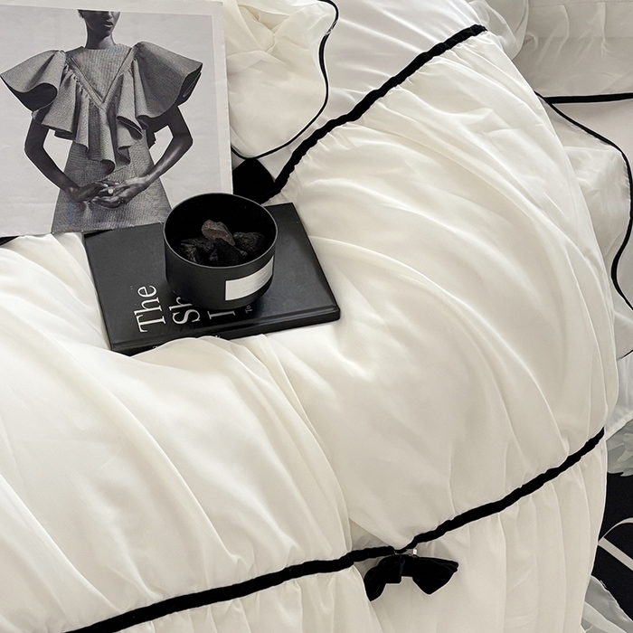 91家纺网 家纺一手货源 找家纺 梧桐家居 2025新款法式高定蝴蝶结赛琳娜雪纺花边四件套 赛琳娜-白