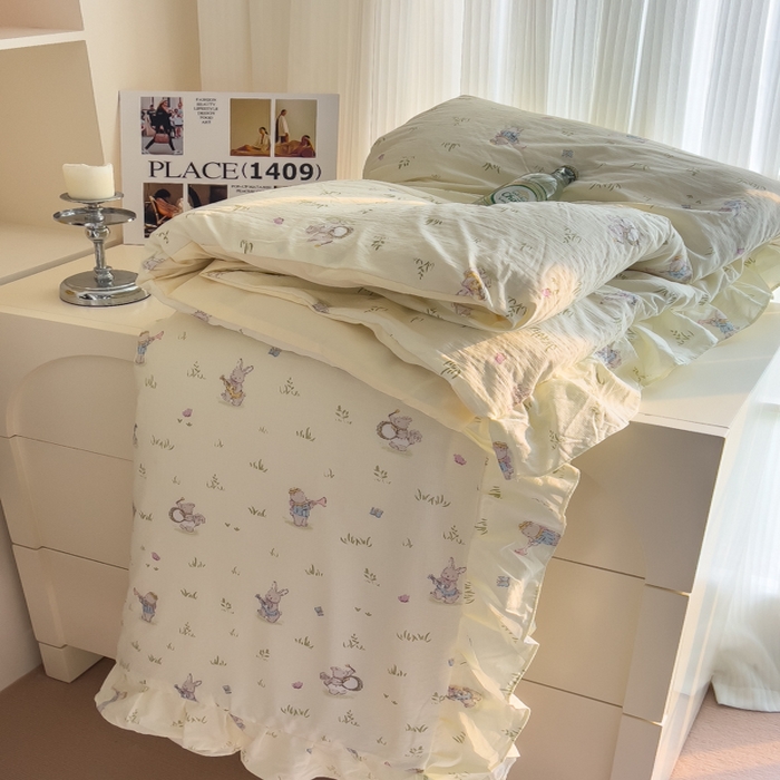 91家纺网 家纺一手货源 找家纺 希丞家居 2025新款云感提花双层纱花边四件套 音乐派对