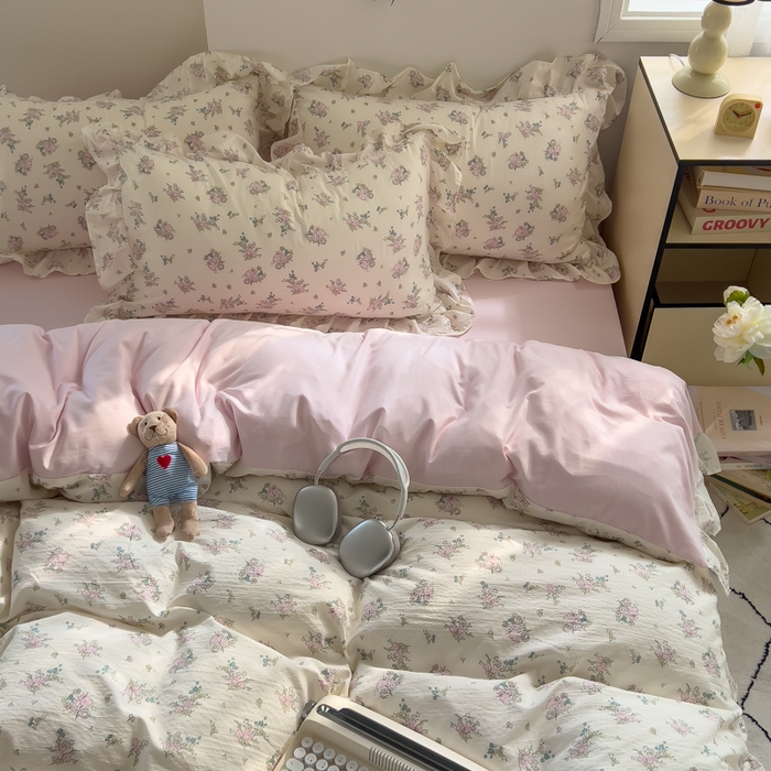 91家纺网 家纺一手货源 找家纺 希丞家居 2025新款云感提花双层纱花边四件套 梨梦