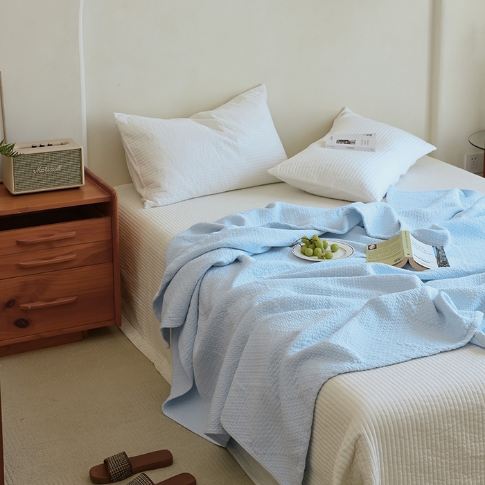 91家纺网 家纺一手货源 找家纺 雯雨家纺2025新款A类全棉加厚六层纱提花纯色盖毯 六层纱-浅蓝