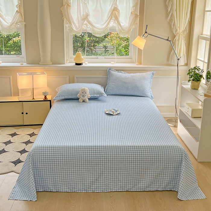 91家纺网 家纺一手货源 找家纺 馨乐家纺 2025新款亲肤印花芦荟棉单品床单第二批 心动蓝