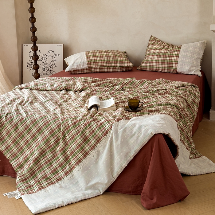 91家纺网 家纺一手货源 找家纺 曼町家居 2025春夏新款全棉纯棉双层纱法式镂空立体大花边夏被夏凉被空调被四件套 洛可可恋