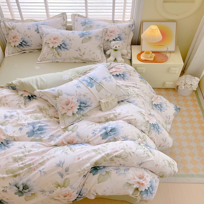 91家纺网 家纺一手货源 找家纺 星期三  2025年4月新款铂金全棉纯棉13372四件套 加微信有会员价 花几度-绿