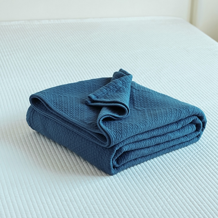 91家纺网 家纺一手货源 找家纺 雯雨家纺2025新款A类全棉加厚六层纱提花纯色盖毯 六层纱-深蓝