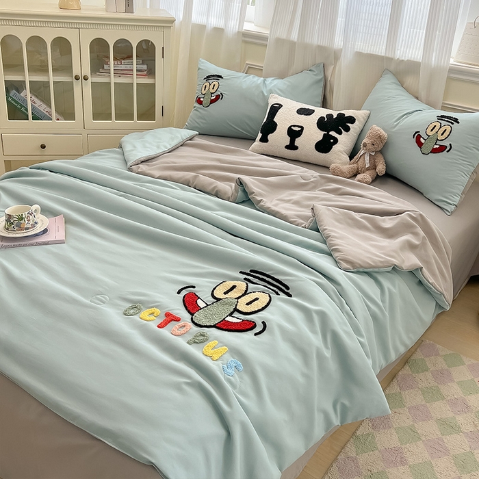 91家纺网 家纺一手货源 找家纺 眠帛家居 2025新款A类水洗皱皱纱毛巾绣夏被四件套 章鱼哥