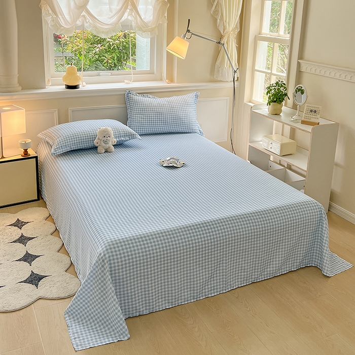 91家纺网 家纺一手货源 找家纺 馨乐家纺 2025新款亲肤印花芦荟棉单品床单第二批 心动蓝