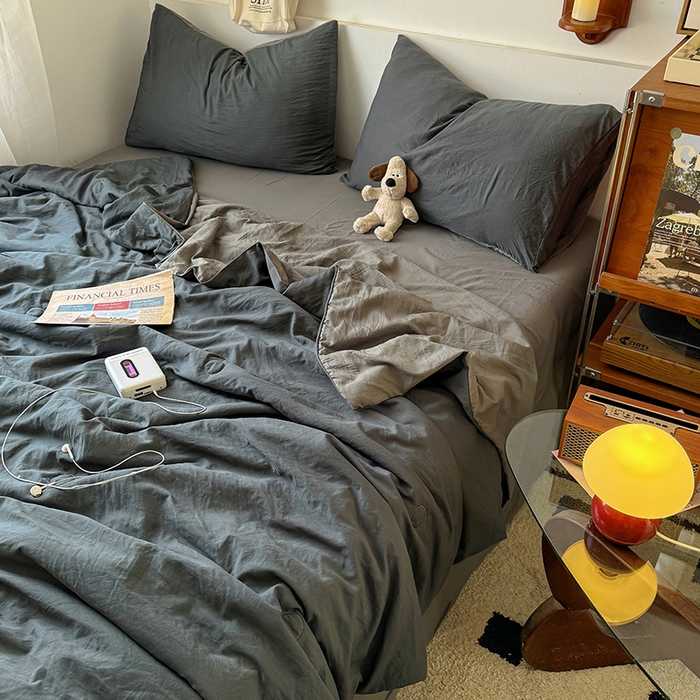 91家纺网 家纺一手货源 找家纺 耀达家居 2025新款水洗棉双拼夏被四件套 高级灰➕烟灰