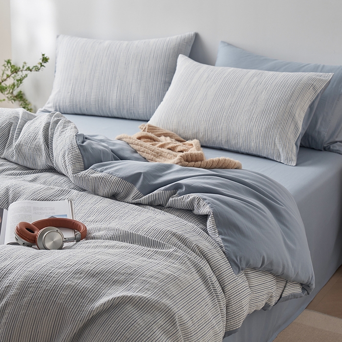 91家纺网 家纺一手货源 找家纺 千朵森  2025新款全棉色织提花条纹四件套 提花条纹-蓝