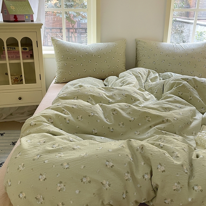 91家纺网 家纺一手货源 找家纺 初念 2025新款云感针织双层纱三件套-四件套【提供买家秀】 落日暮年-绿