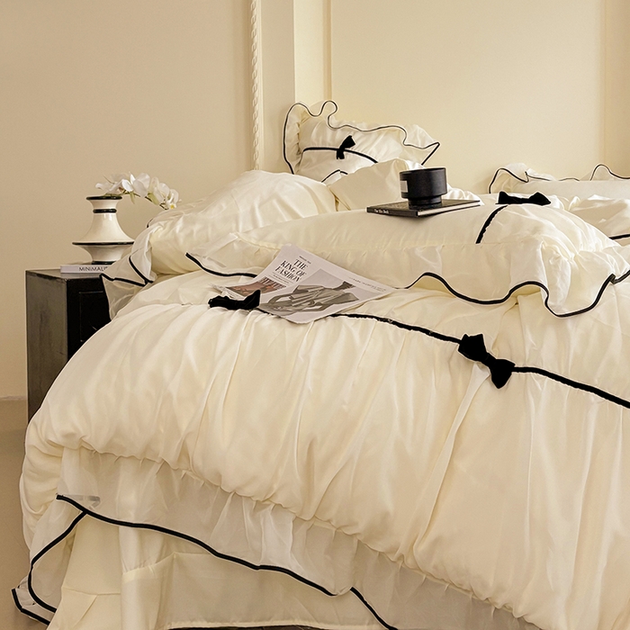 91家纺网 家纺一手货源 找家纺 梧桐家居 2025新款法式高定蝴蝶结赛琳娜雪纺花边四件套 赛琳娜-黄