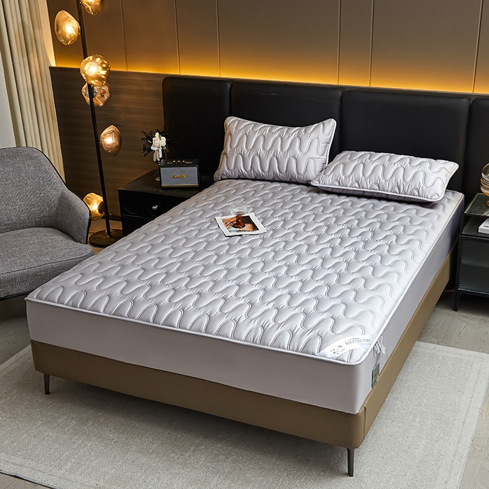 91家纺网 家纺一手货源 找家纺 3C 2025新款100支全棉抗菌夹棉床笠 韵律 灰