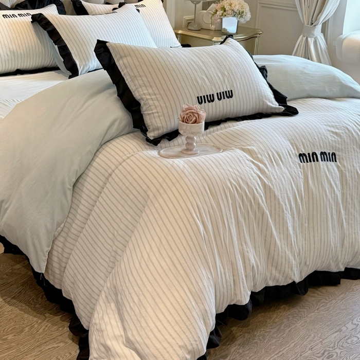 91家纺网 家纺一手货源 找家纺 千希家纺2025新款法式小香风四件套 法式条纹-繁星蓝