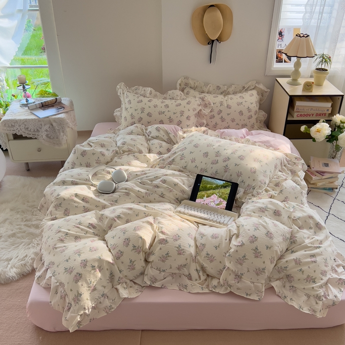 91家纺网 家纺一手货源 找家纺 希丞家居 2025新款云感提花双层纱花边四件套 梨梦