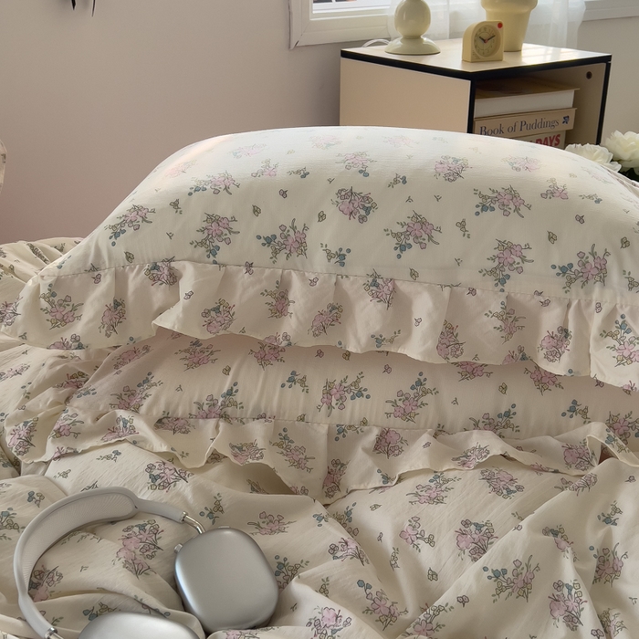 91家纺网 家纺一手货源 找家纺 希丞家居 2025新款云感提花双层纱花边四件套 梨梦