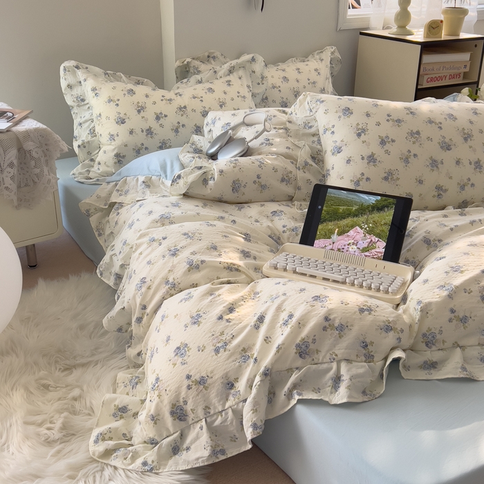 91家纺网 家纺一手货源 找家纺 希丞家居 2025新款云感提花双层纱花边四件套 微醺