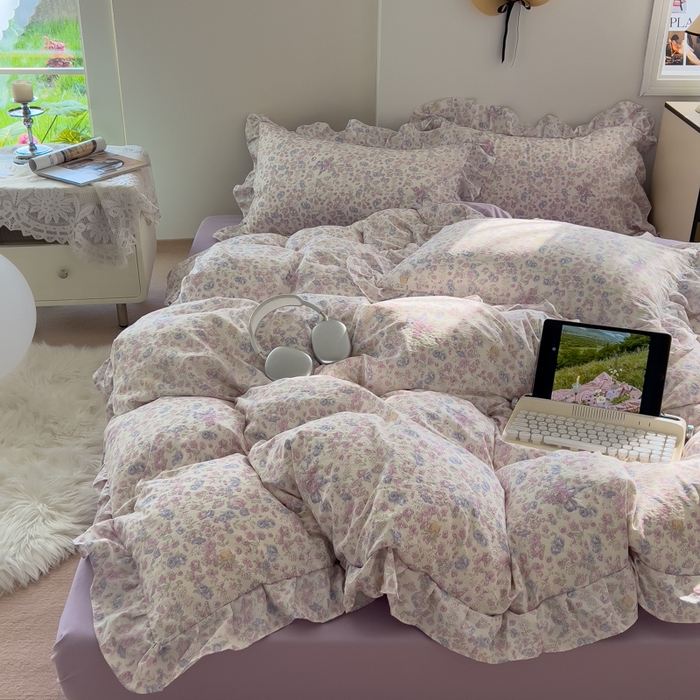 91家纺网 家纺一手货源 找家纺 希丞家居 2025新款云感提花双层纱花边四件套 花海