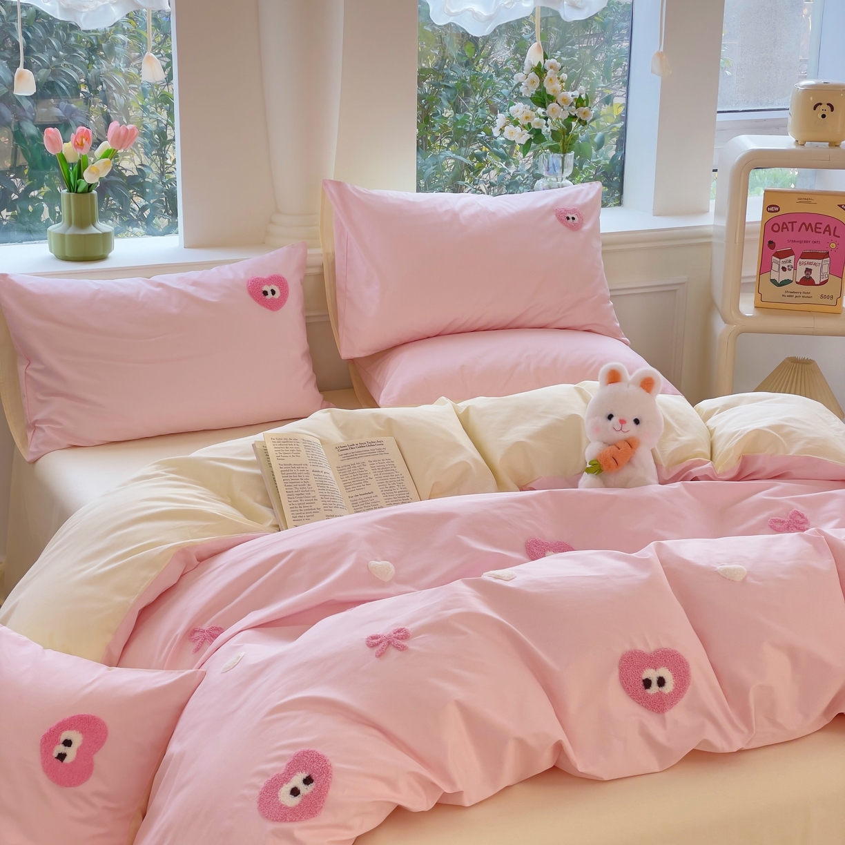 91家纺网 家纺一手货源 找家纺 锦觅家纺  2025新款奶油小清新毛巾绣全棉纯棉四件套-风格一（专版散花必须控价） 大眼爱心