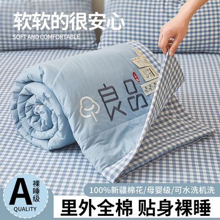 悦织语 2025春夏新款全棉纯棉水洗色织新疆棉100%棉花被纯色刺绣款无印风夏被四件套 良品-蓝白小格