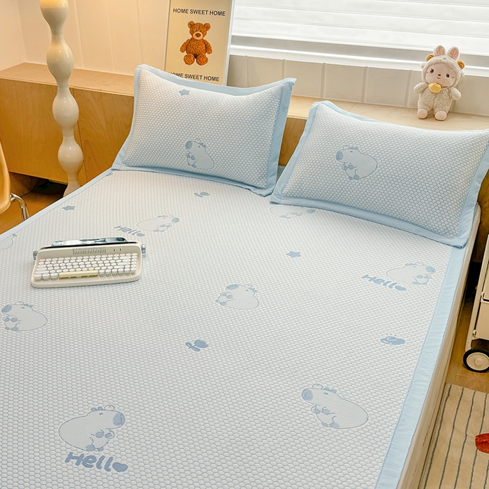 91家纺网 家纺一手货源 找家纺 绣女坊 2025新款冰豆豆提花凉席三件套 卡皮巴拉-蓝