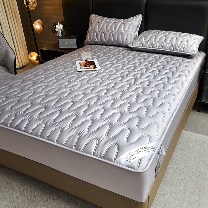 91家纺网 家纺一手货源 找家纺 3C 2025新款100支全棉抗菌夹棉床笠 韵律 灰